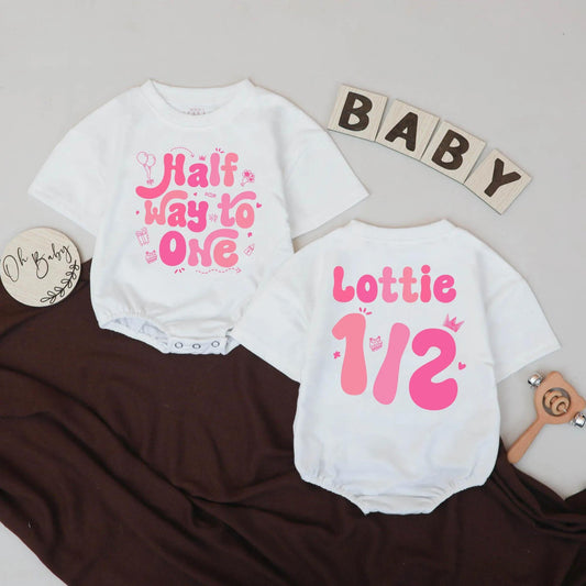 Custom Lottie Half Way to One Romper Adorable Baby Girl Half Birthday Outfit Sweet Pink Celebration Gift 6 Months Milestone