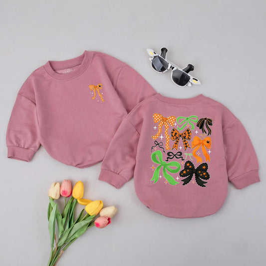 Retro Halloween Bow Bubble Romper, Spooky Polka Dot Girl Outfit, Cute Fall Baby Clothes with Orange, Black & Green Bows, Vintage Spiders, Stars Gift 138