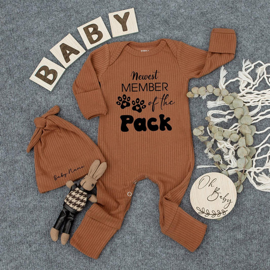 Newest Member of the Pack Baby Romper Dog Lover Outfit Neutral Ribbed Bodysuit Funny Pet Themed Baby Shower Gift