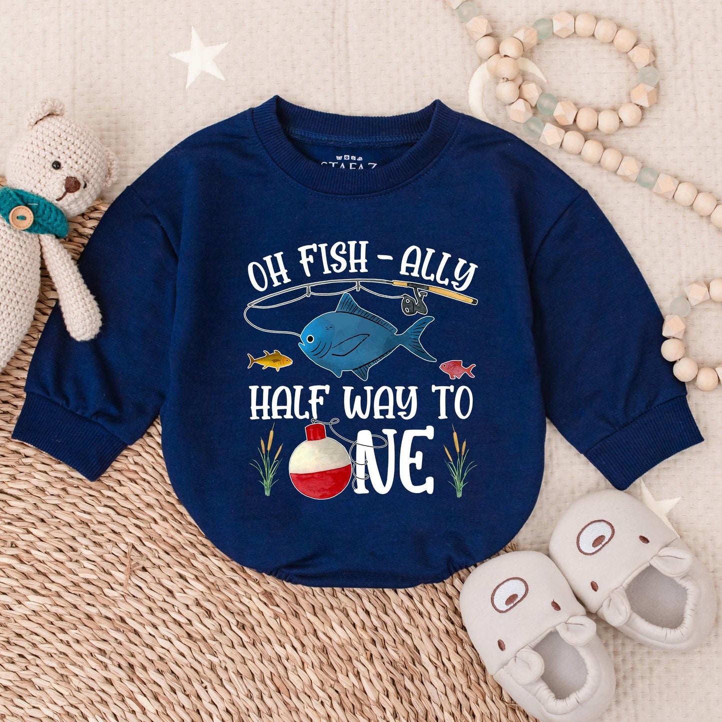 Oh Fish-Ally Half Way to One! Baby Girl Romper, Cute Ocean Fish Outfit, 6 Month Bodysuit, Playful Cartoon Sea Design, Infant Clothes, Half Birthday Gift, Soft Cotton (139 chars)