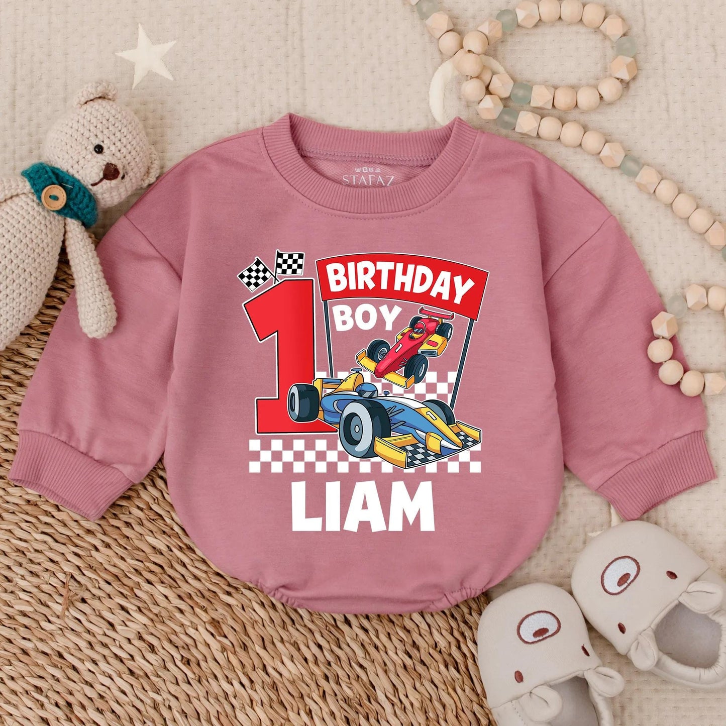 Liam's 1st Birthday Racing Romper: Custom Race Car Outfit for Birthday Boy, Checkered Flag Bodysuit, Colorful First Birthday Party Clothes (138 chars)