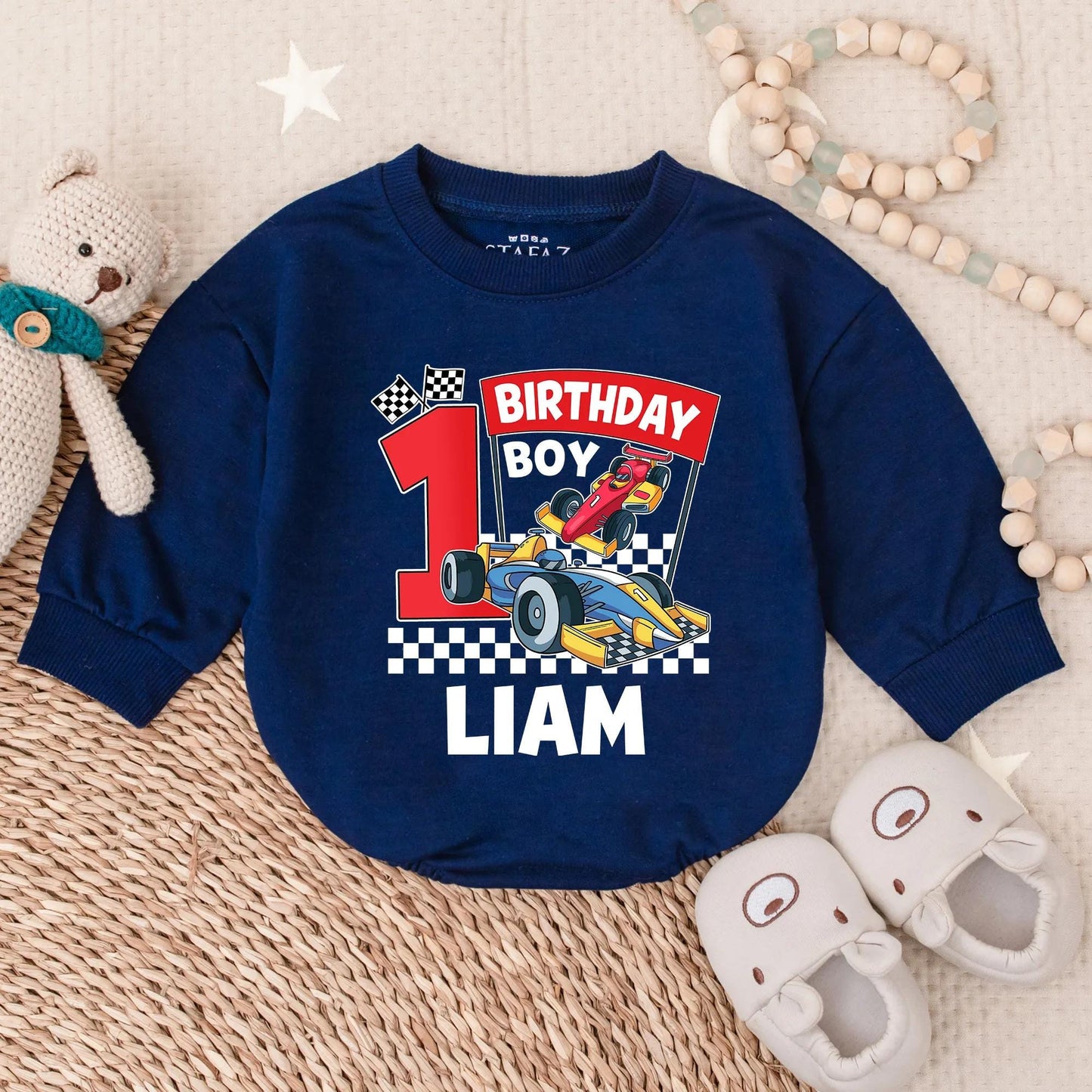 Liam's 1st Birthday Racing Romper: Custom Race Car Outfit for Birthday Boy, Checkered Flag Bodysuit, Colorful First Birthday Party Clothes (138 chars)