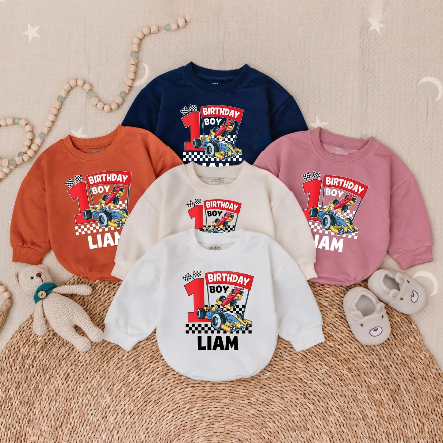 Liam's 1st Birthday Racing Romper: Custom Race Car Outfit for Birthday Boy, Checkered Flag Bodysuit, Colorful First Birthday Party Clothes (138 chars)