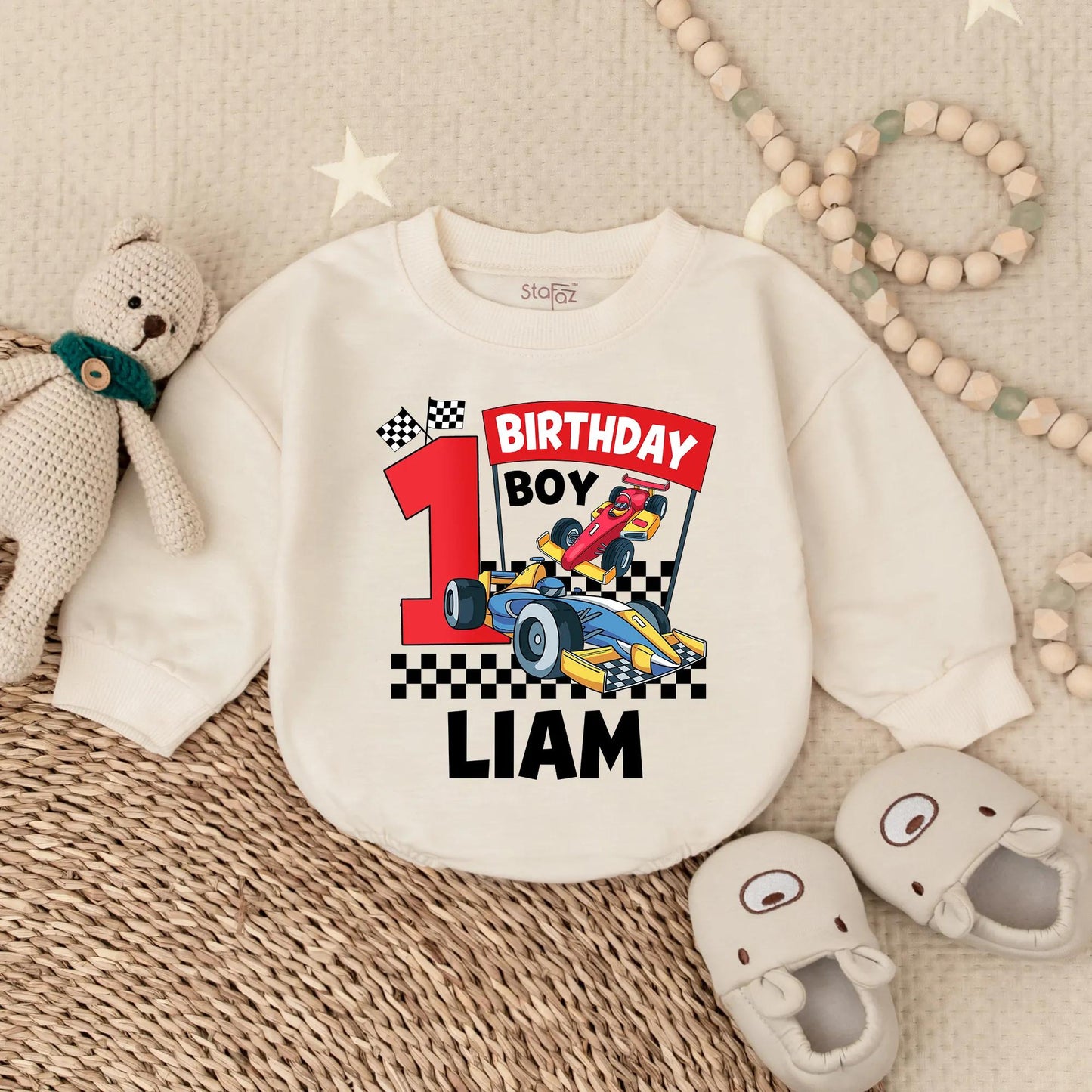 Liam's 1st Birthday Racing Romper: Custom Race Car Outfit for Birthday Boy, Checkered Flag Bodysuit, Colorful First Birthday Party Clothes (138 chars)