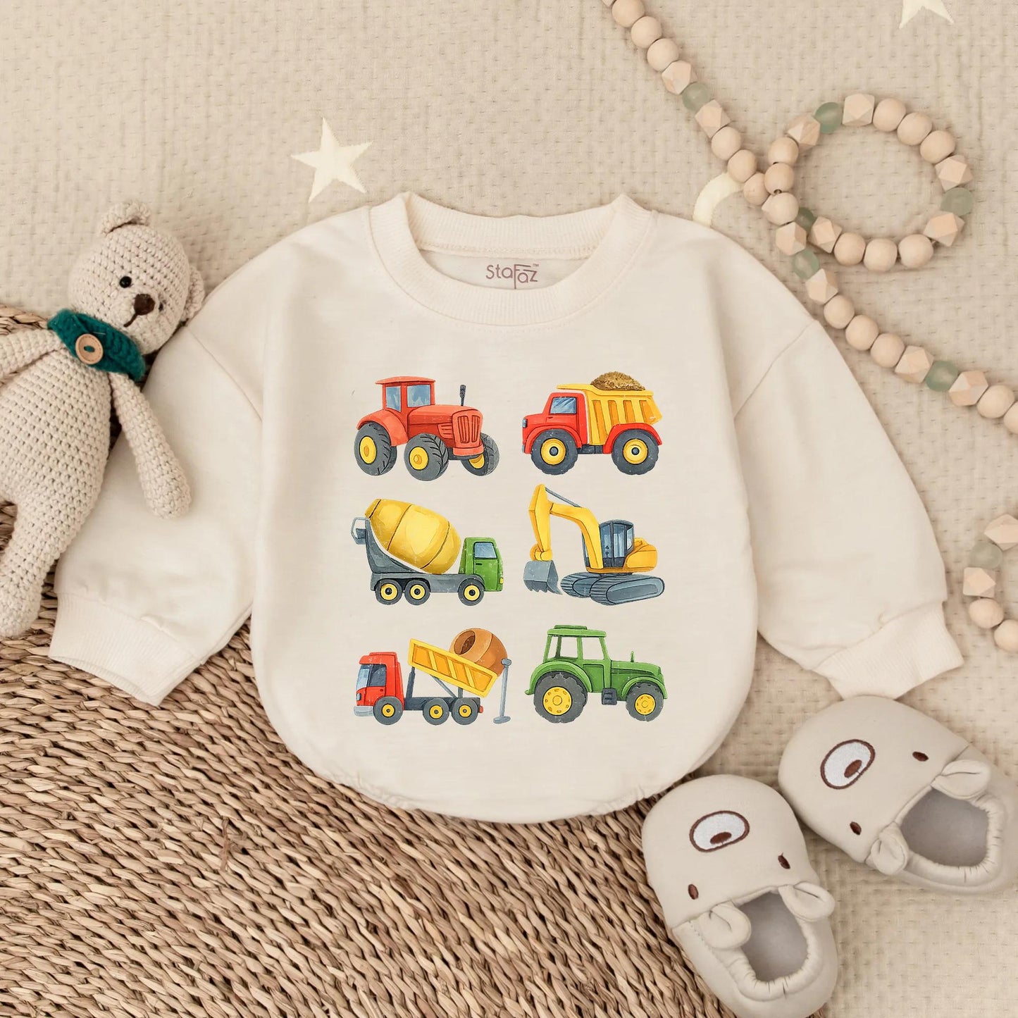 Construction Vehicle Baby Romper Toddler Boy Bubble Outfit Excavator Lover Gift Bright Cartoon Style