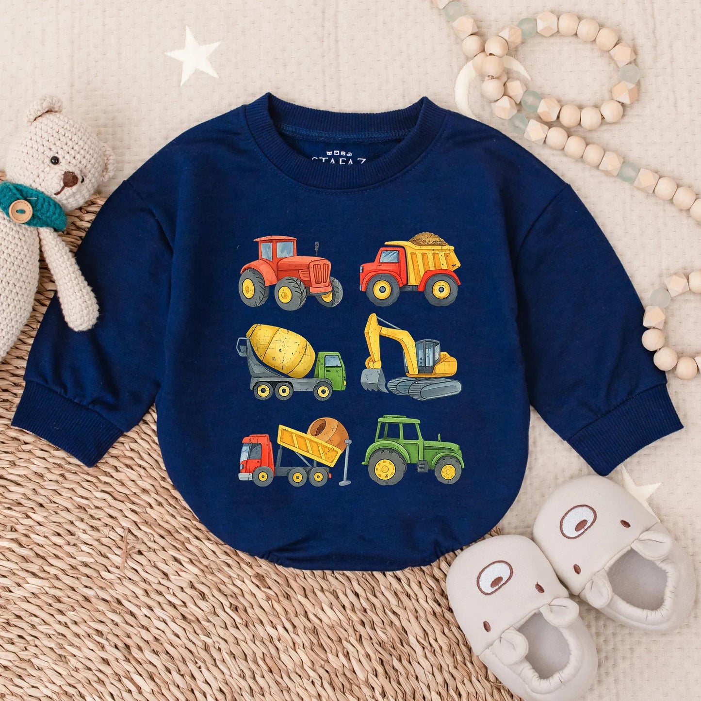 Construction Vehicle Baby Romper Toddler Boy Bubble Outfit Excavator Lover Gift Bright Cartoon Style