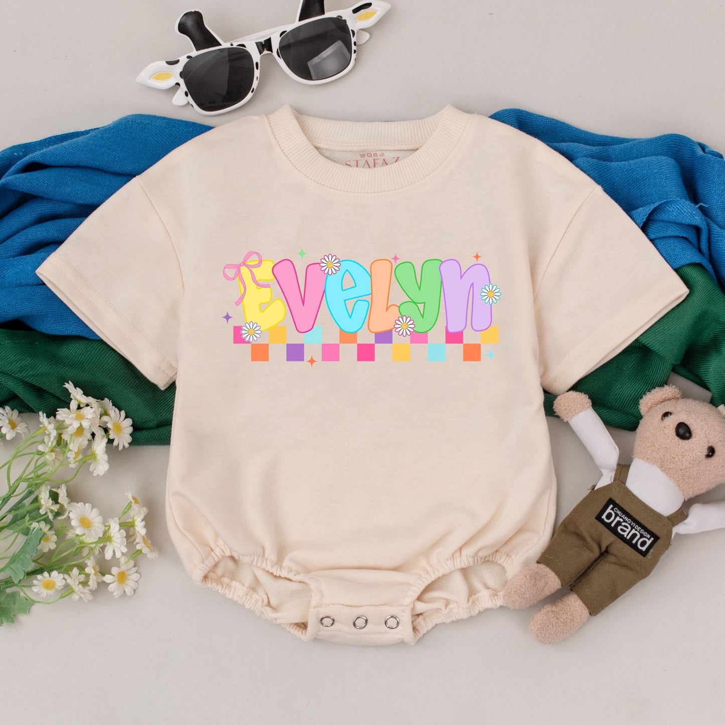 Evelyn's Rainbow Bubble Romper: Personalized Baby Girl Outfit, Colorful Checkered Bodysuit, First Birthday Clothes, Baby Shower Gift (138 chars)