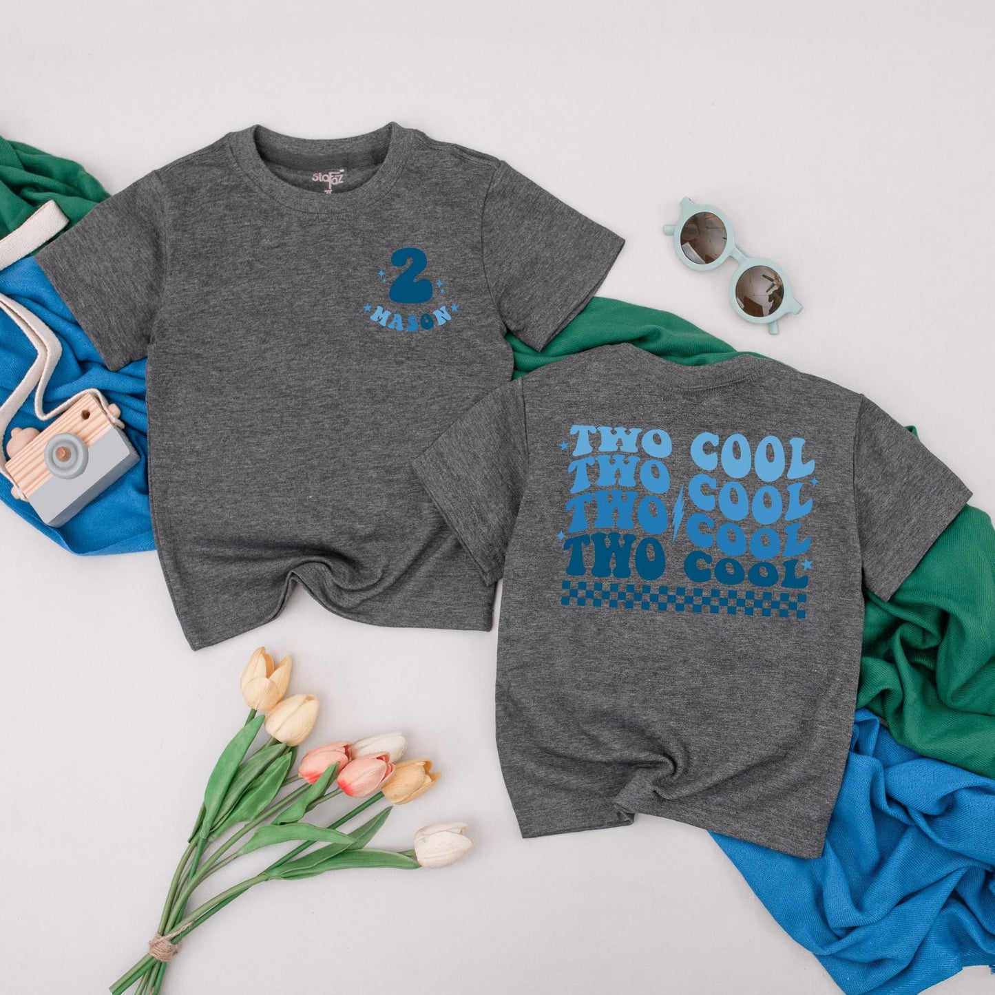 Two Cool 2nd Birthday Boy Shirt, Retro Blue Design Toddler Tee, Personalized Birthday Outfit, Two Years Old Boy Gift