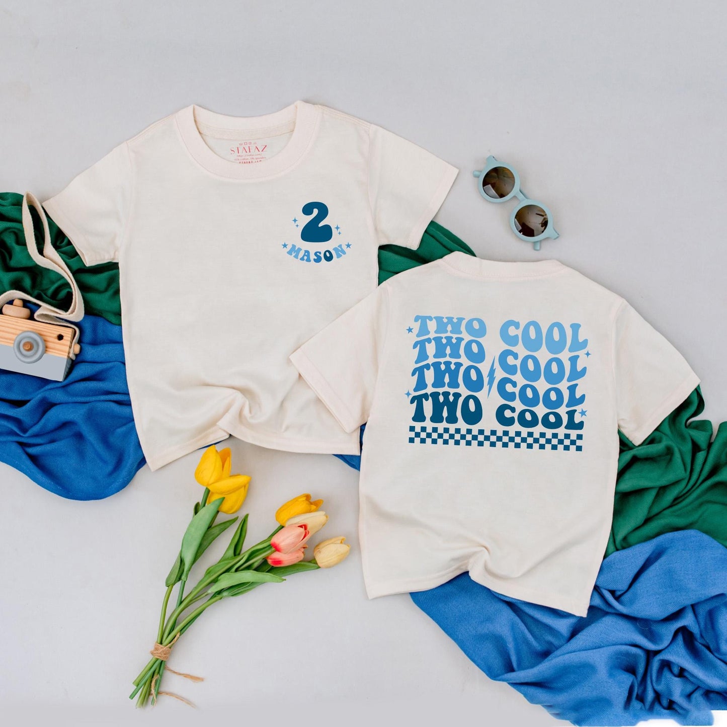 Two Cool 2nd Birthday Boy Shirt, Retro Blue Design Toddler Tee, Personalized Birthday Outfit, Two Years Old Boy Gift