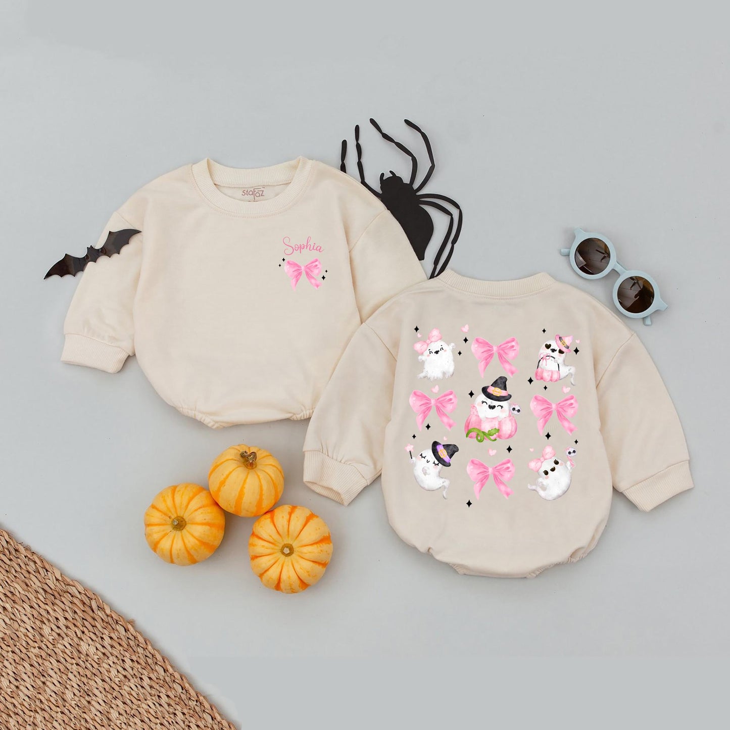 Adorable Ghost Halloween Romper Personalized with Pink Bows & Witch Hats for Baby Girls - Whimsical Spooky Season Outfit