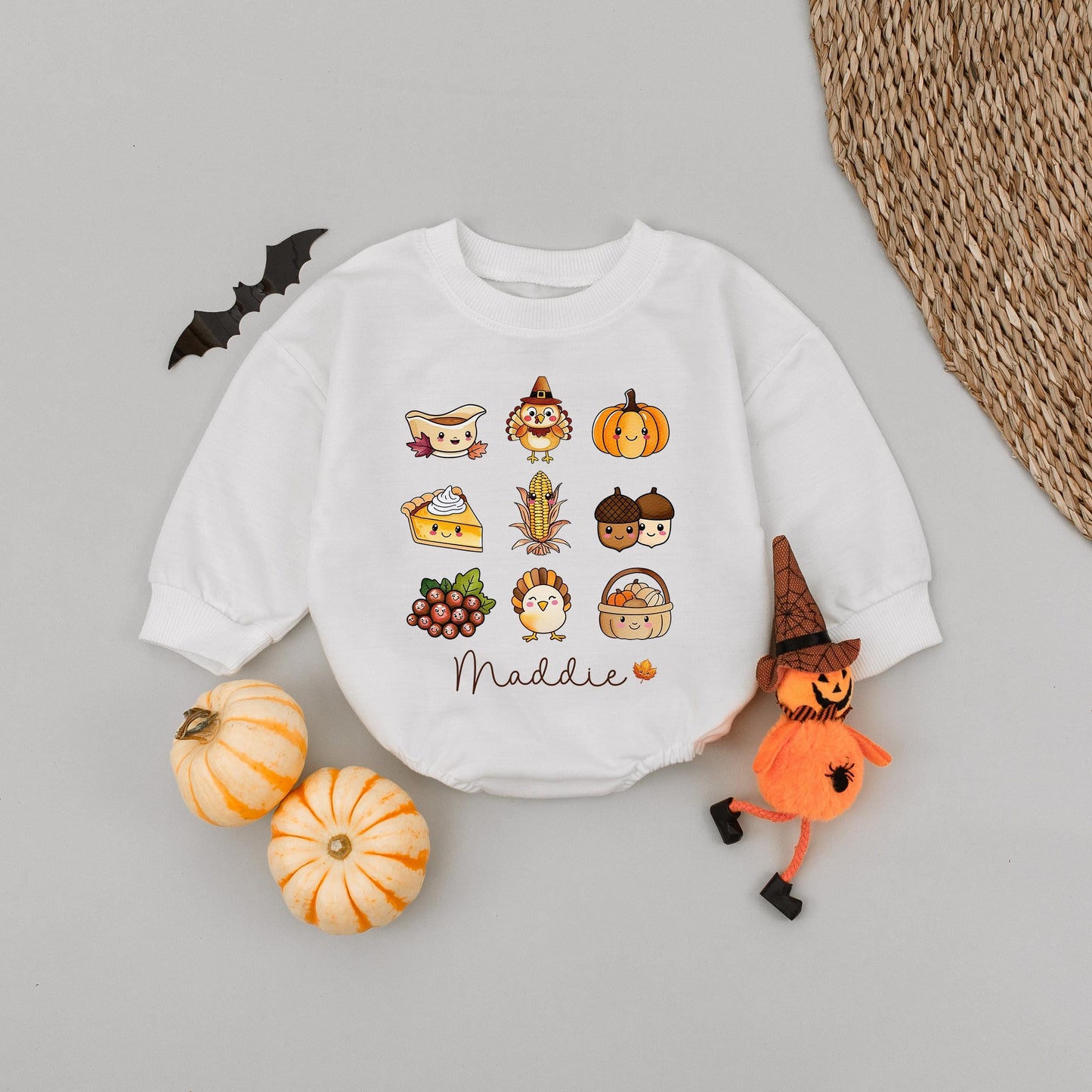 Custom Maddie's First Thanksgiving Baby Bubble Romper Cute Pumpkin Patch Outfit, Personalized Fall Harvest Bodysuit Autumn Newborn Gift, 130-140 chars
