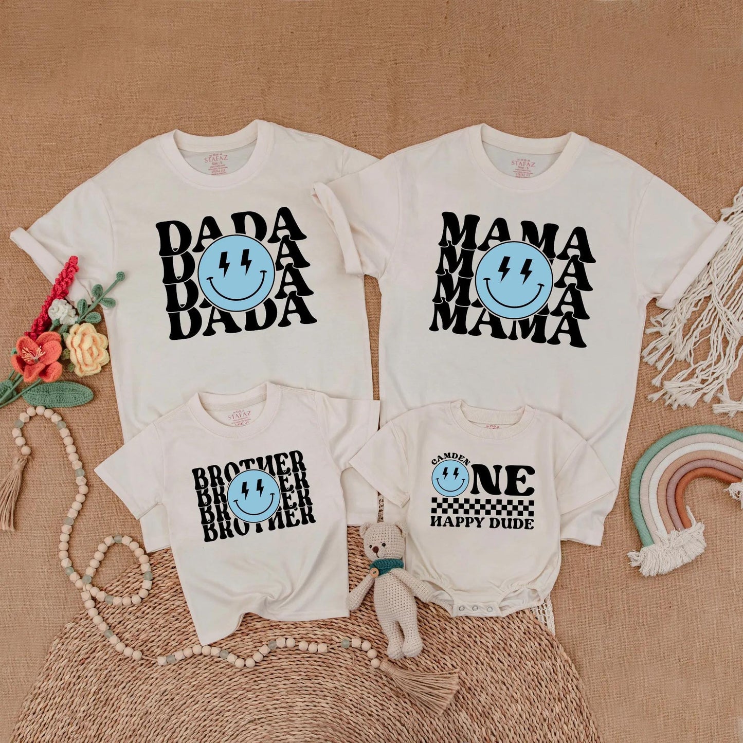 Happy Dude Birthday Family Shirt Blue Smiley Face Custom Camden Boy Outfit Modern Retro Celebration Gift