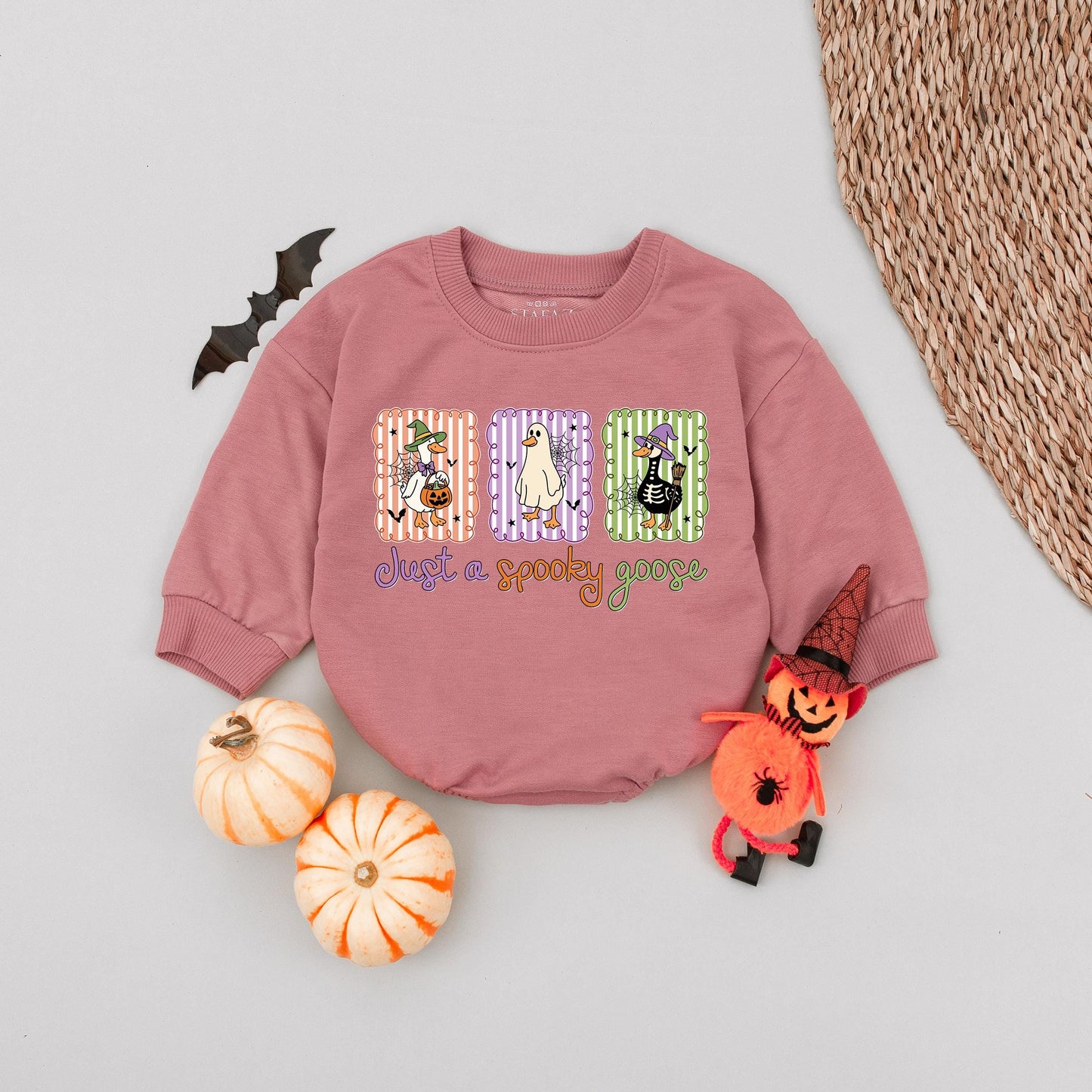 Just a Spooky Goose Bubble Romper Cute Cartoon Halloween Baby Outfit Funny Trick or Treat Goose with Pumpkin Design First Halloween Essential