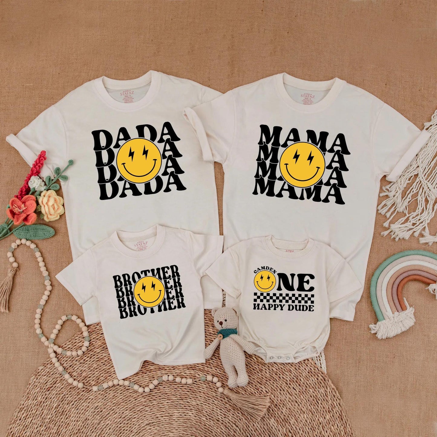 One Happy Dude 1st Birthday Outfit Matching Family Shirts Smiley Face Lightning Bolt Baby Boy Clothes Retro First Birthday Party Gift Idea 125 chars