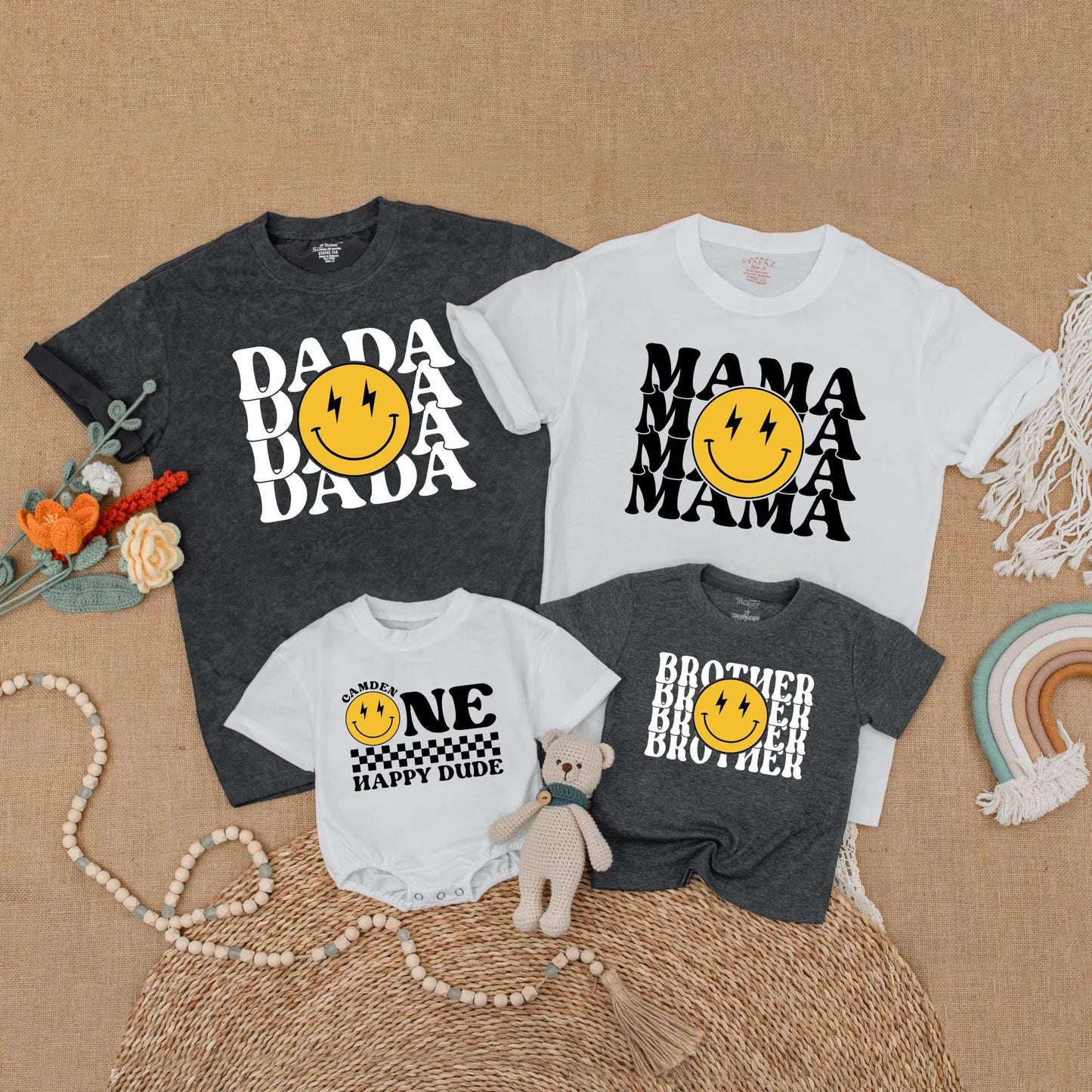 One Happy Dude 1st Birthday Outfit Matching Family Shirts Smiley Face Lightning Bolt Baby Boy Clothes Retro First Birthday Party Gift Idea 125 chars
