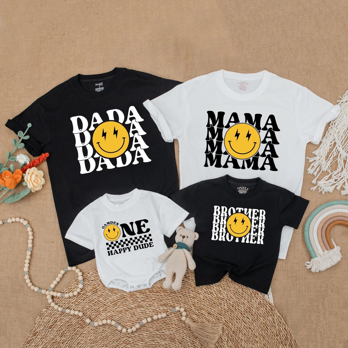One Happy Dude 1st Birthday Outfit Matching Family Shirts Smiley Face Lightning Bolt Baby Boy Clothes Retro First Birthday Party Gift Idea 125 chars
