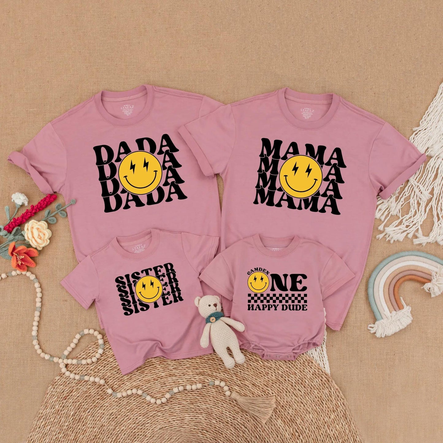 One Happy Dude 1st Birthday Outfit Matching Family Shirts Smiley Face Lightning Bolt Baby Boy Clothes Retro First Birthday Party Gift Idea 125 chars