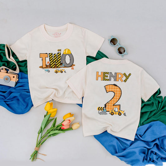 Construction Birthday Boy Shirt Custom Henry Two 2nd Birthday Party Toddler Outfit Fun Vehicle Design Cotton Comfortable Gift Idea