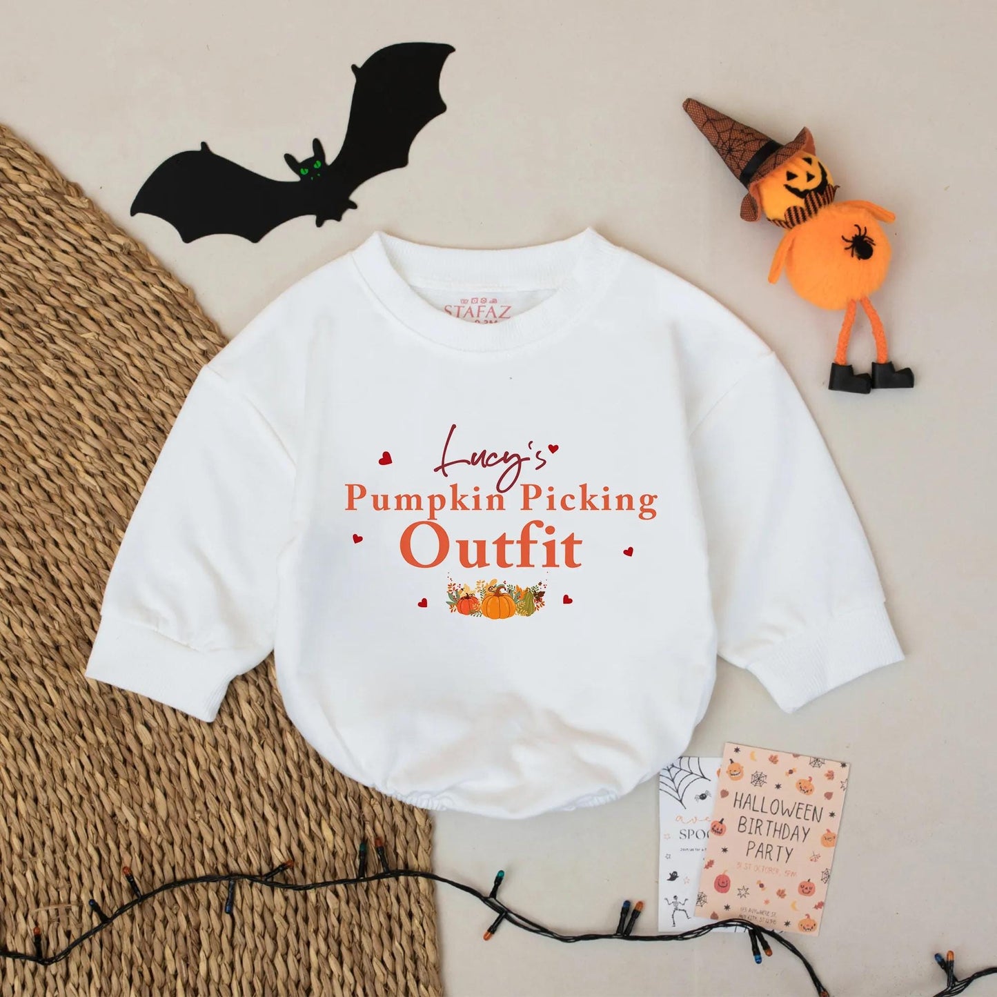 Lucy's Pumpkin Patch Romper – Personalized Baby Girl Outfit, Cute Fall Bodysuit with Pumpkins, Leaves & Hearts – Custom Farm Visit Clothes, Infant Gift