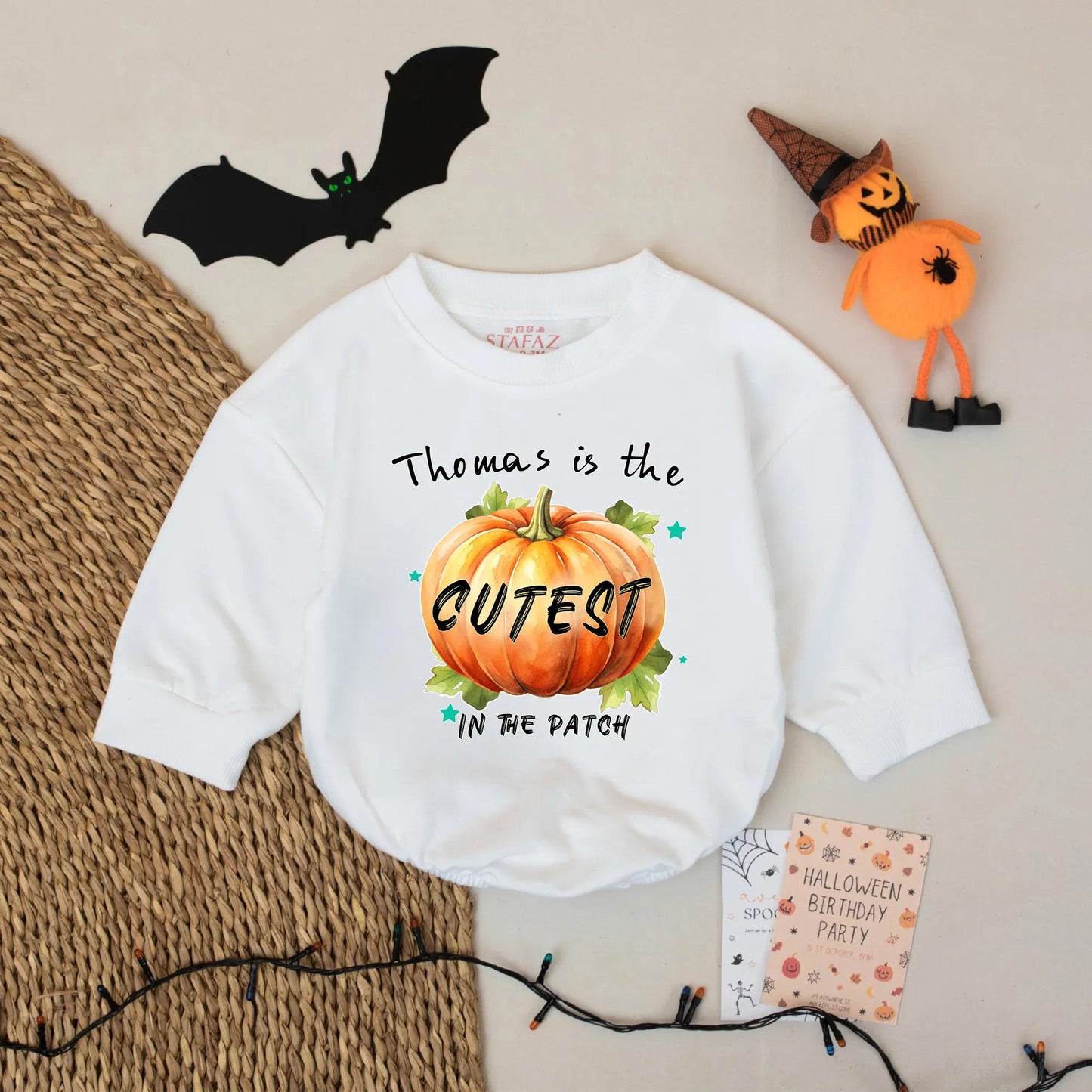 Personalized Cutest Pumpkin Romper: Custom Name Baby Outfit for Fall Halloween - Teal Star Accent Bodysuit, Orange Pumpkin & Green Leaves Design (139 chars)