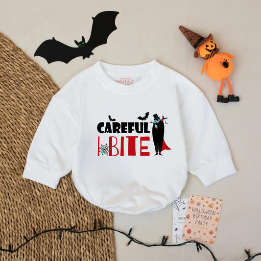 Careful I Bite Baby Romper Cute Halloween Vampire Dracula Outfit Bodysuit for Baby Boys or Girls Spooky Fun