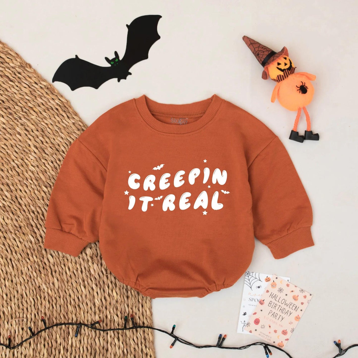 Creepin' It Real Halloween Baby Romper - Cute Ghost Infant Bodysuit for Baby Boy Girl, Funny Fall Outfit with Stars & Bats – Whimsical Halloween Gift 139 chars
