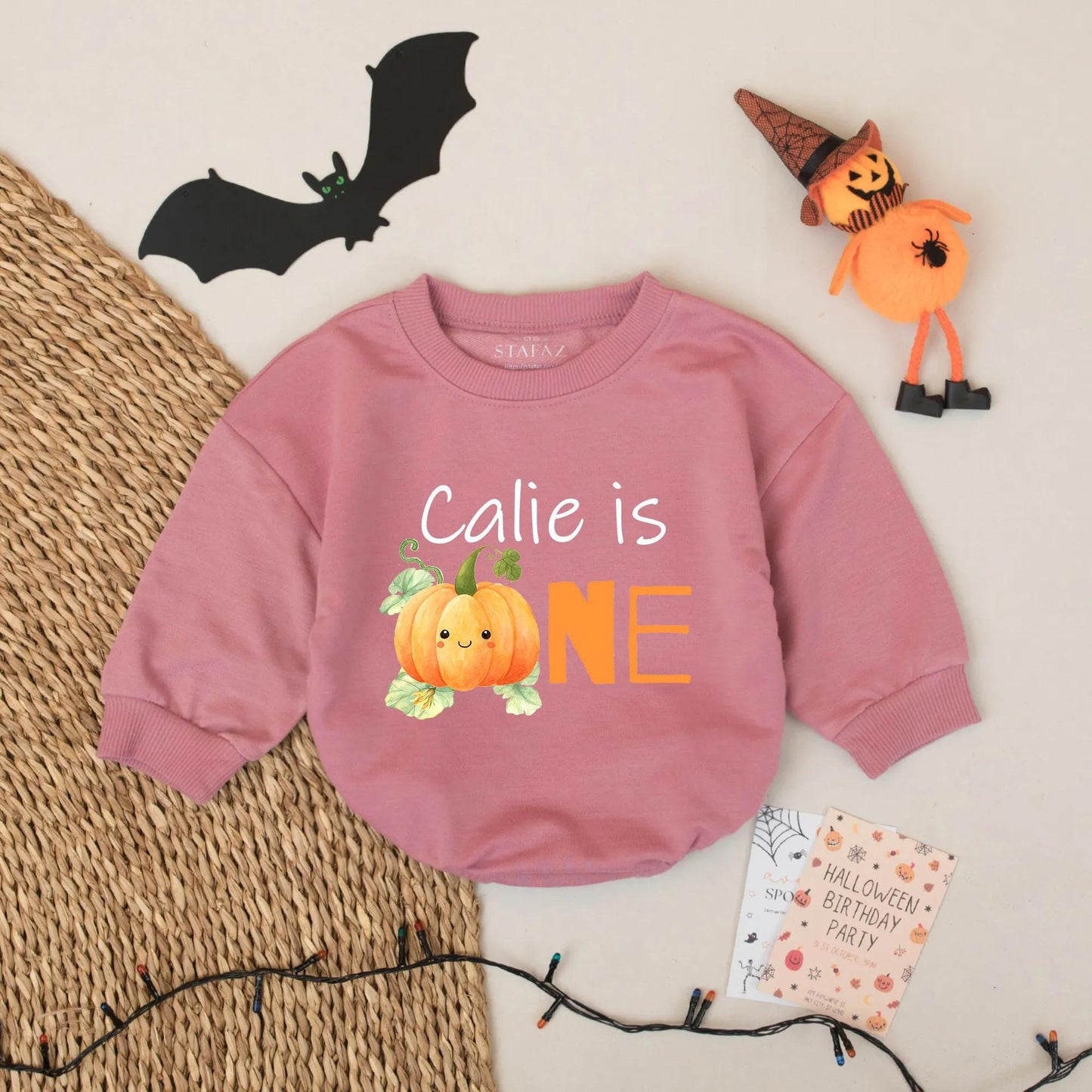Calie is ONE Pumpkin First Birthday Romper Cute Watercolor Fall Baby Girl Outfit Custom Name Gift