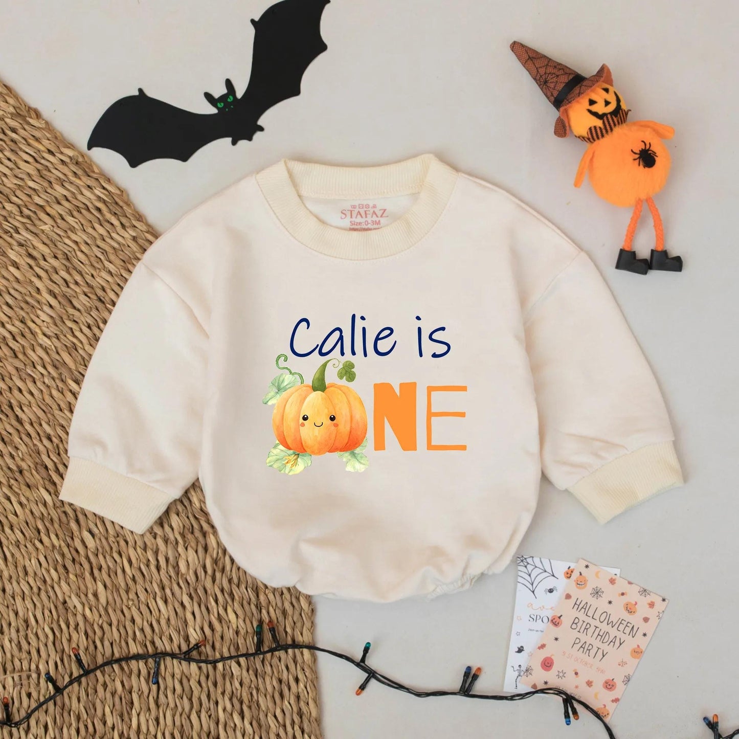 Calie is ONE Pumpkin First Birthday Romper Cute Watercolor Fall Baby Girl Outfit Custom Name Gift