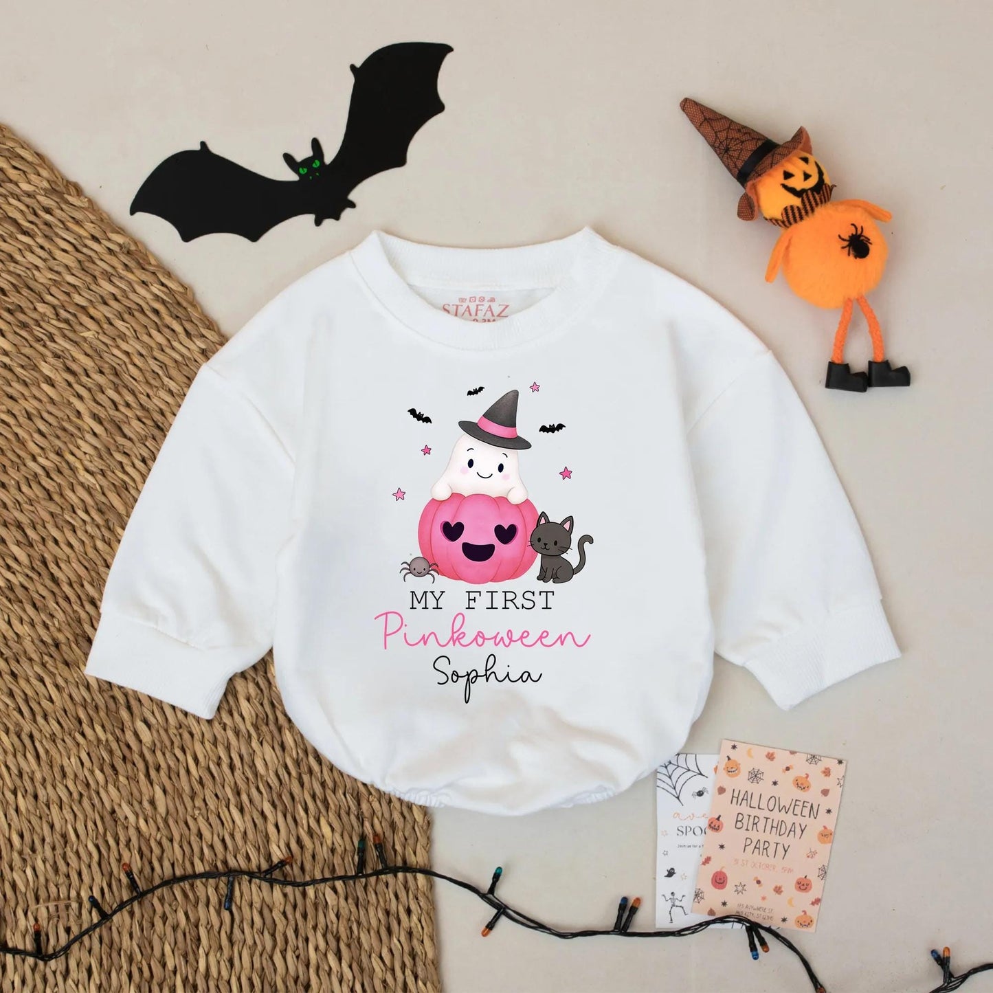 My First Pinkoween Personalized Baby Romper, Ghost in Pumpkin Outfit, Custom Name Halloween Bodysuit, Cute Fall Gift for Sophia - 134 chars