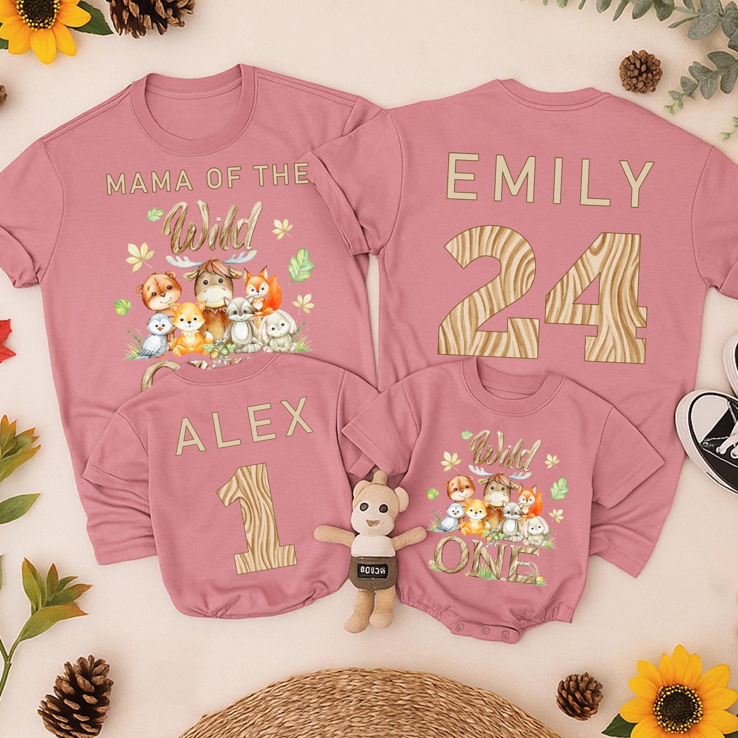 Personalized Wild One Birthday Family Matching Safari Shirts with Cute Watercolor Woodland Animals and Wood Grain Numbers Toddler Baby Cotton