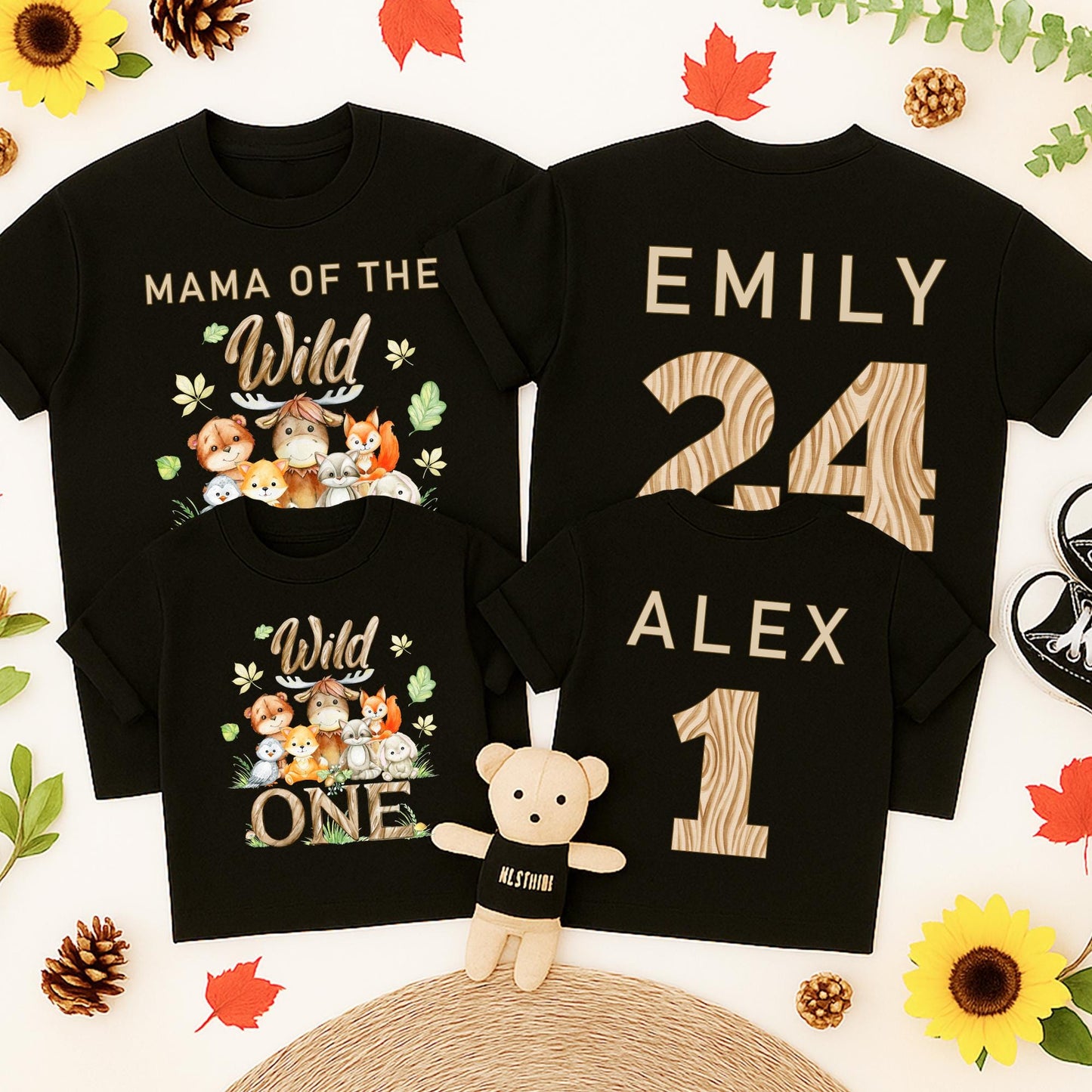 Personalized Wild One Birthday Family Matching Safari Shirts with Cute Watercolor Woodland Animals and Wood Grain Numbers Toddler Baby Cotton