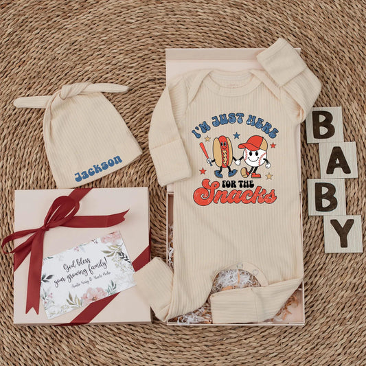 I'm Just Here for the Snacks Baby Bodysuit Retro Baseball Newborn Outfit Whimsical Game Day Fan Apparel New Baby Shower Gift