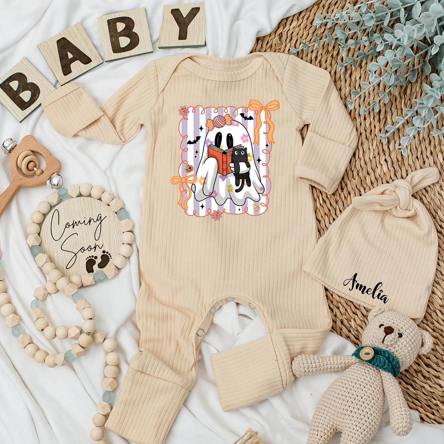 Halloween Ghost Baby Girl Bodysuit with Black Cat & Book Pink Purple Striped Playful Cartoon Spooky Season Newborn Gift