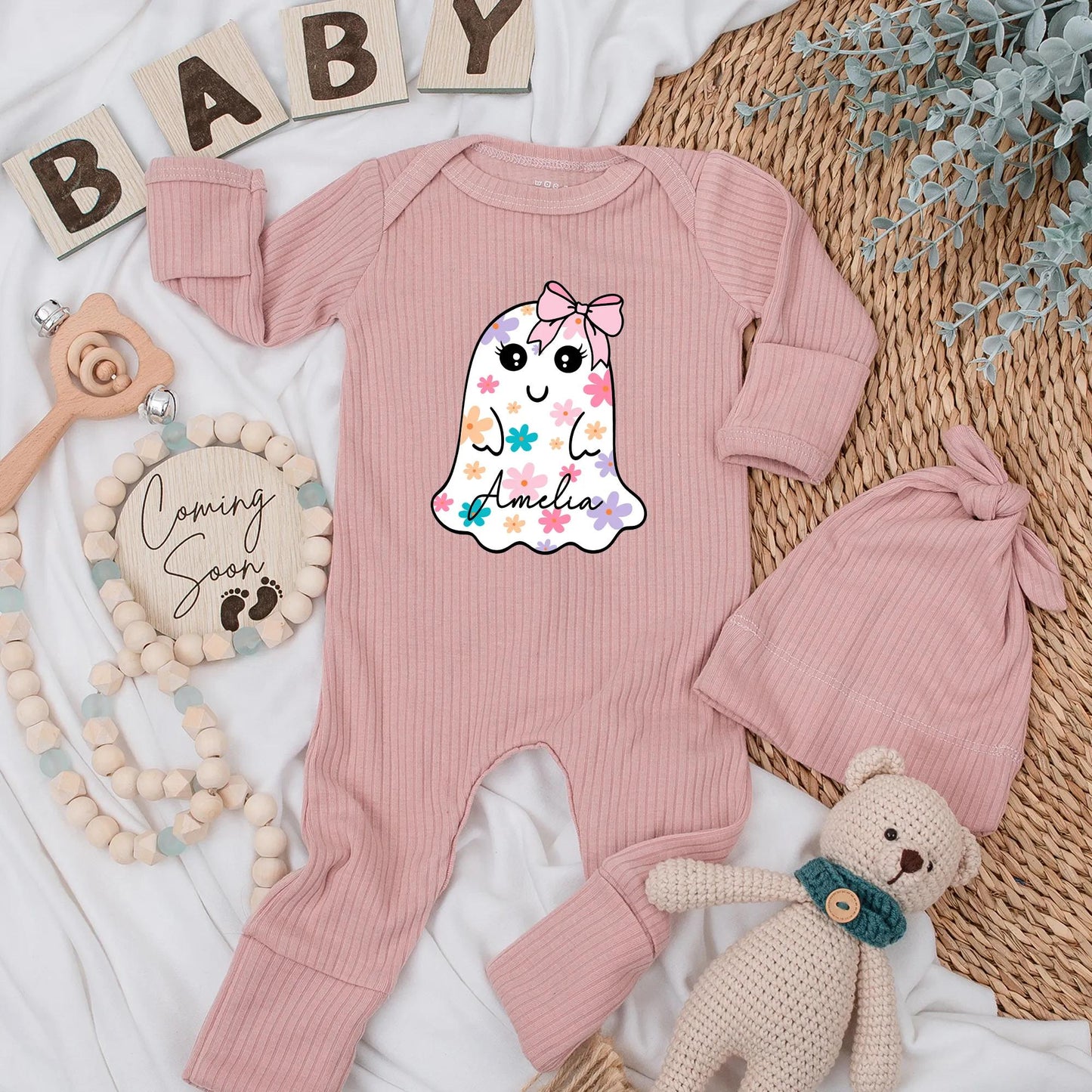 Amelia Floral Ghost Baby Girl Bodysuit Halloween Outfit Newborn Gift Cute Spooky Season Custom Baby Clothes Baby Shower