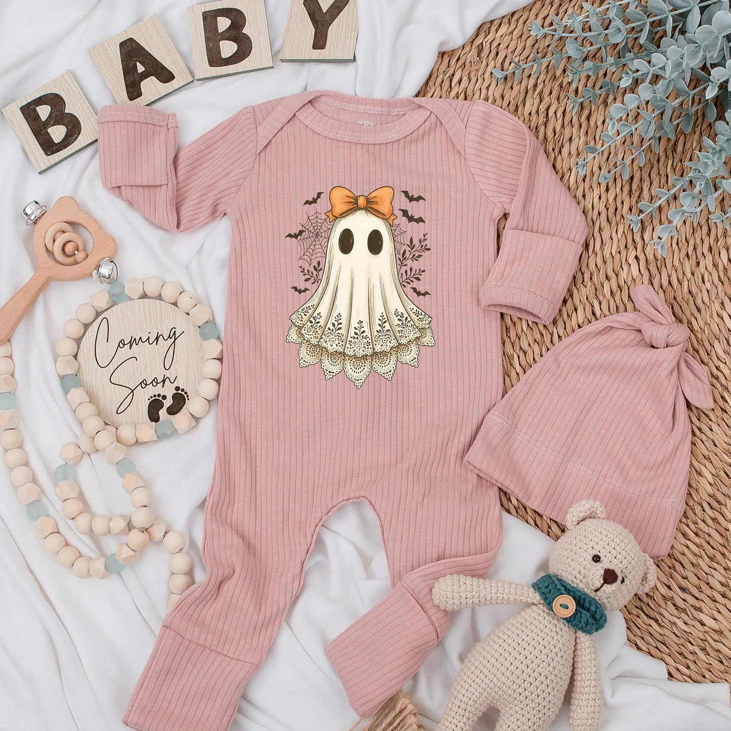 Vintage Ghost Baby Girl Bodysuit with Orange Bow, Cute Halloween Newborn Outfit, Spooky Lace Ghost Clothes, Baby Shower Gift, First Halloween