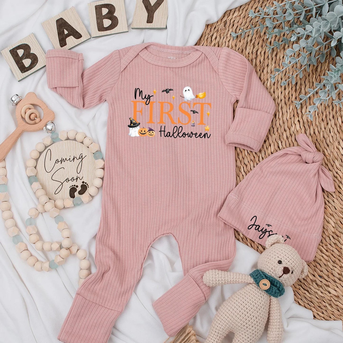 Personalized My First Halloween Baby Bodysuit with Cute Ghost Pumpkin Bat Design, Adorable Newborn Outfit for Spooky Season Baby Shower Gift