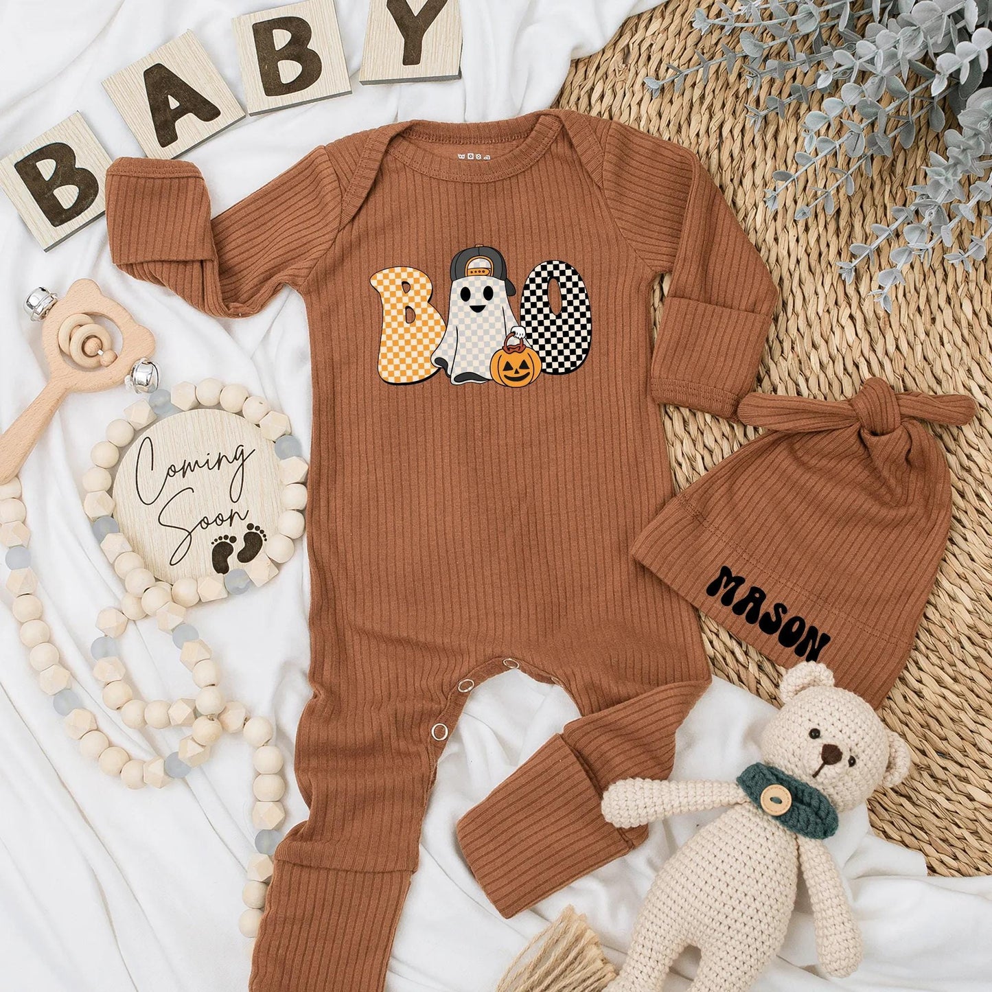 Boo Ghost Baby Boy Bodysuit Retro Halloween Outfit, First Halloween Costume Gift, Spooky Season Newborn Shower, Black & White Checker Design