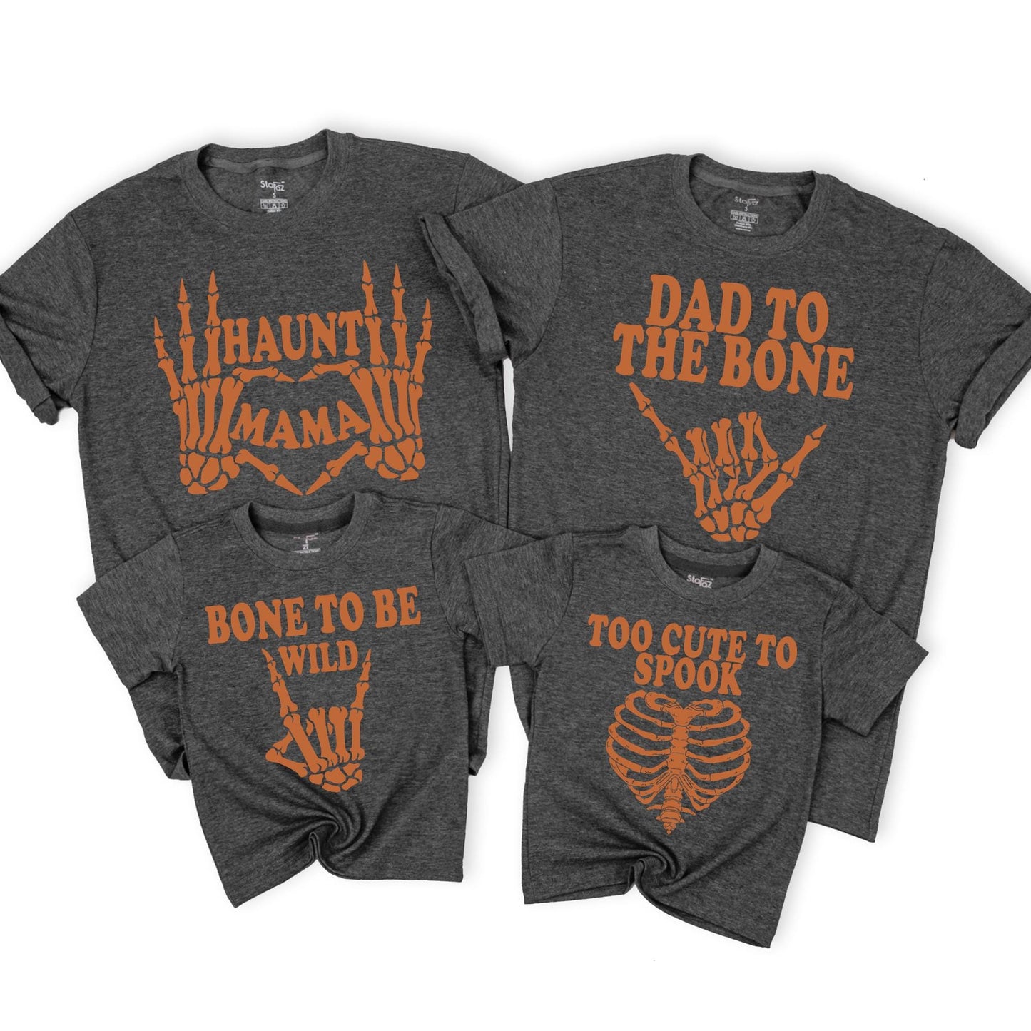 Matching Family Halloween Shirts Dad to the Bone Haunt Mama Creep it Real Bone to be Wild Too Cute to Spook Skeletons Rib Cage Burnt Orange Group Outfits