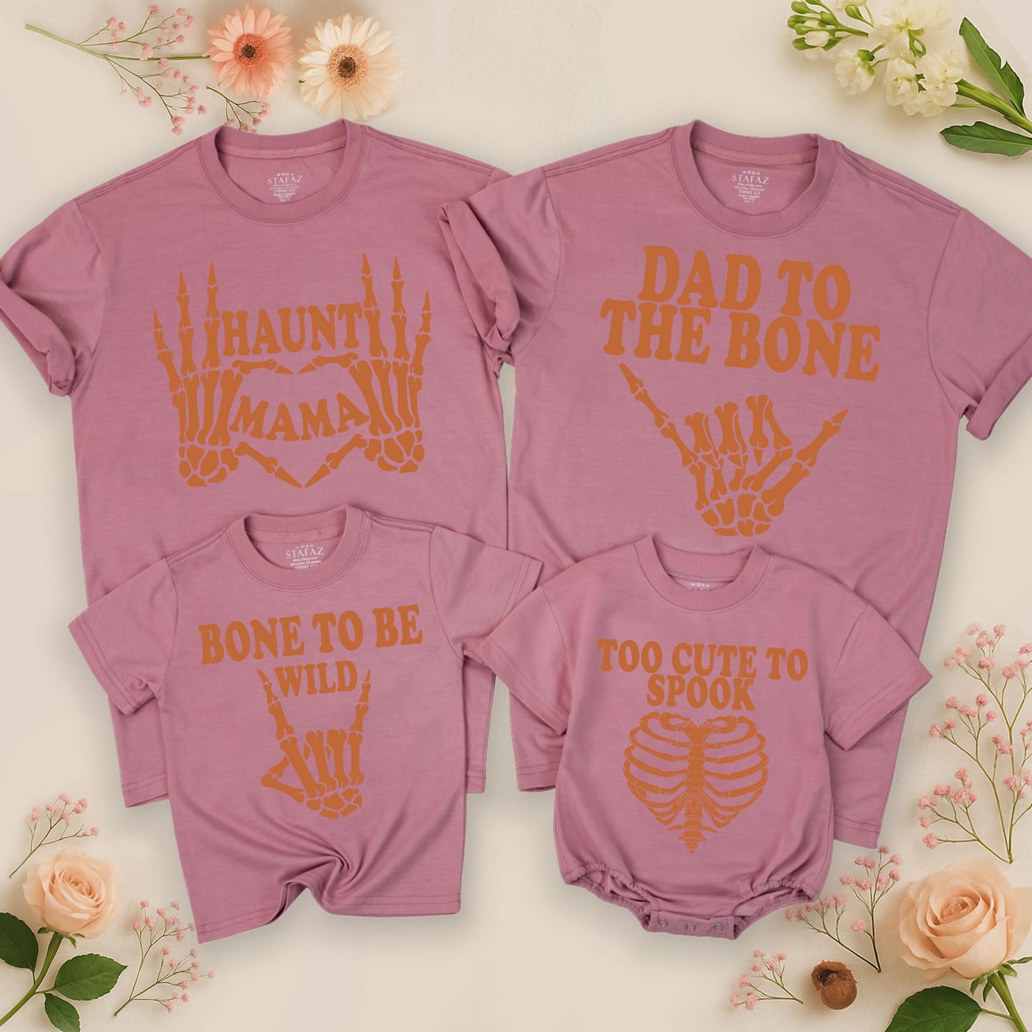 Matching Family Halloween Shirts Dad to the Bone Haunt Mama Creep it Real Bone to be Wild Too Cute to Spook Skeletons Rib Cage Burnt Orange Group Outfits