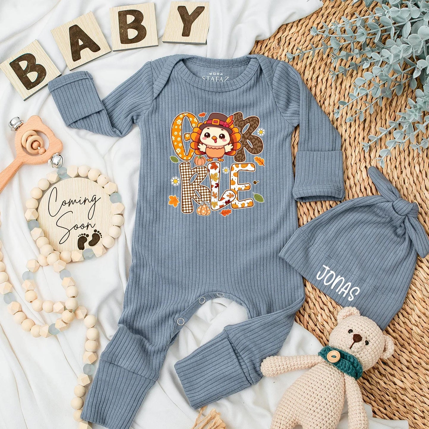 Personalized Gobble Baby Bodysuit Thanksgiving Turkey Outfit Fall Pumpkin Newborn Clothes Autumn Romper First Thanksgiving Gift for Baby