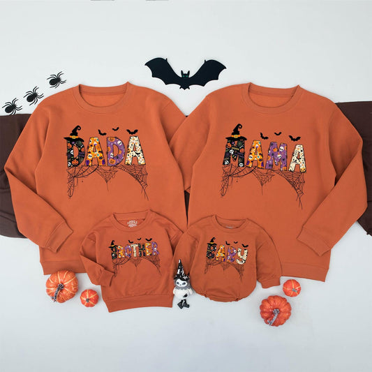 Retro Halloween Family Matching Sweatshirt Dada Mama Sister Baby Spooky Skeleton Pumpkin Spiderweb Design Festive Fall Custom Gift 130