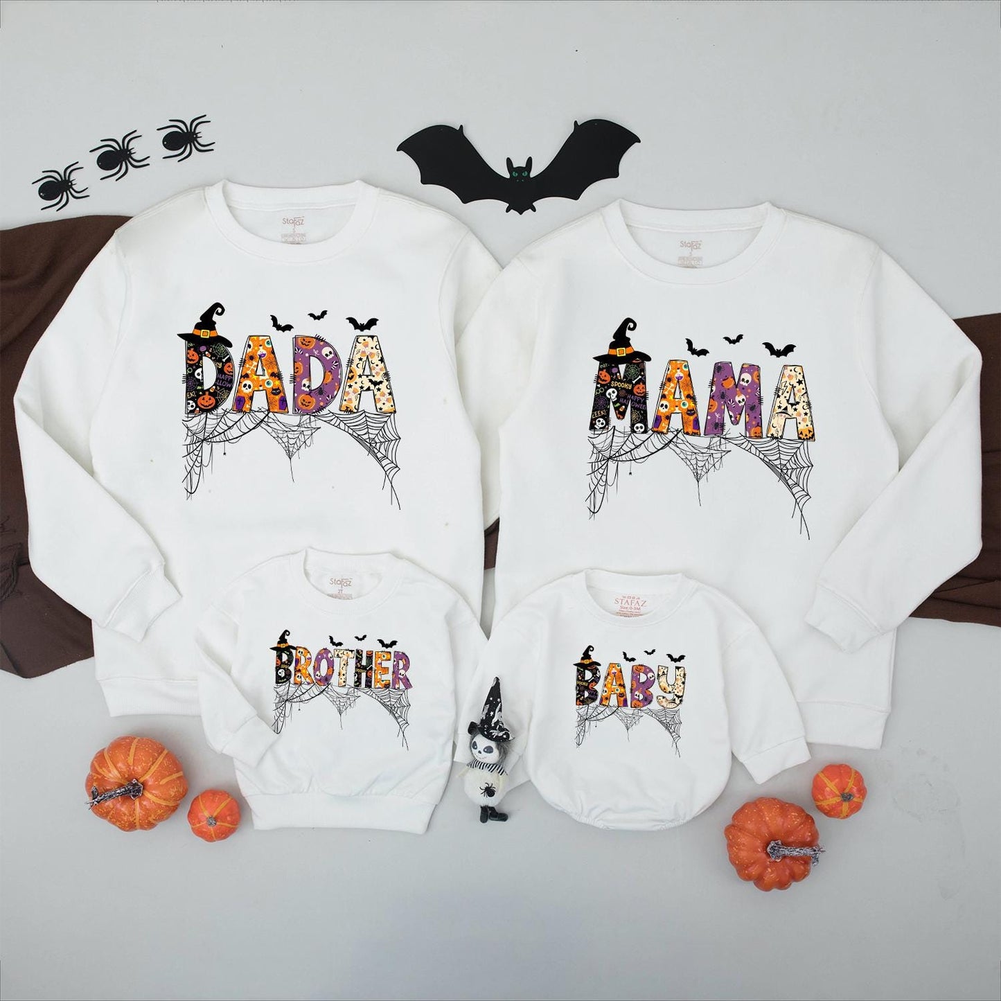 Retro Halloween Family Matching Sweatshirt Dada Mama Sister Baby Spooky Skeleton Pumpkin Spiderweb Design Festive Fall Custom Gift 130