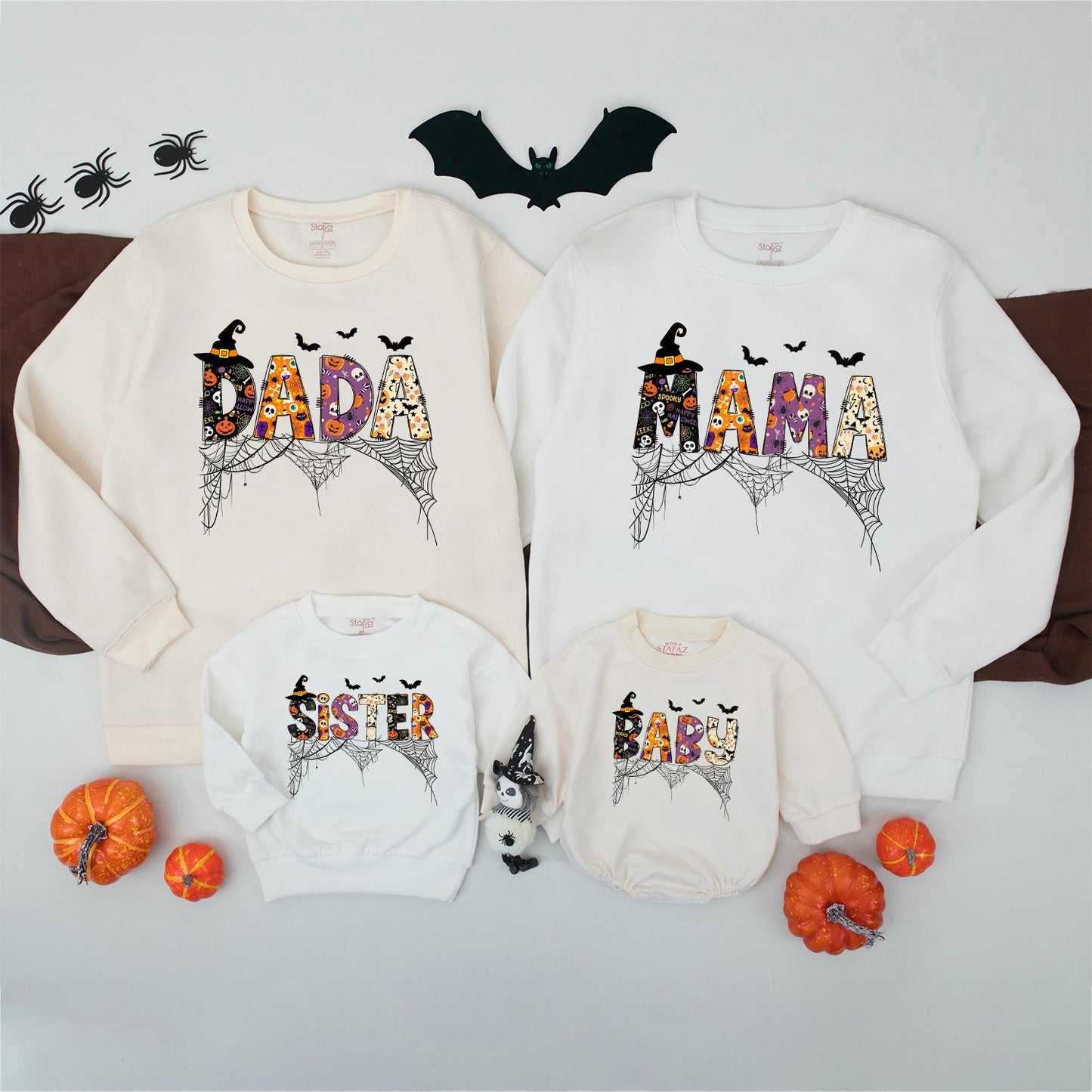 Retro Halloween Family Matching Sweatshirt Dada Mama Sister Baby Spooky Skeleton Pumpkin Spiderweb Design Festive Fall Custom Gift 130