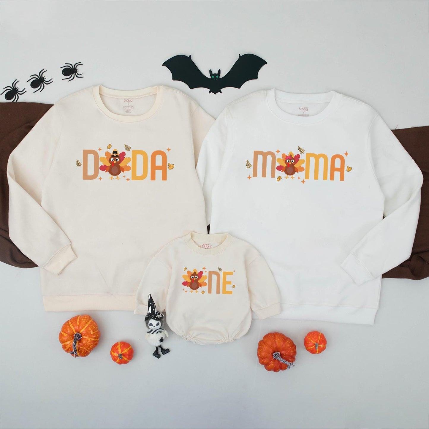 Dada Mama Sister One Turkey Family Thanksgiving Sweatshirts Cute Baby's First Birthday Outfit Festive Fall Colors