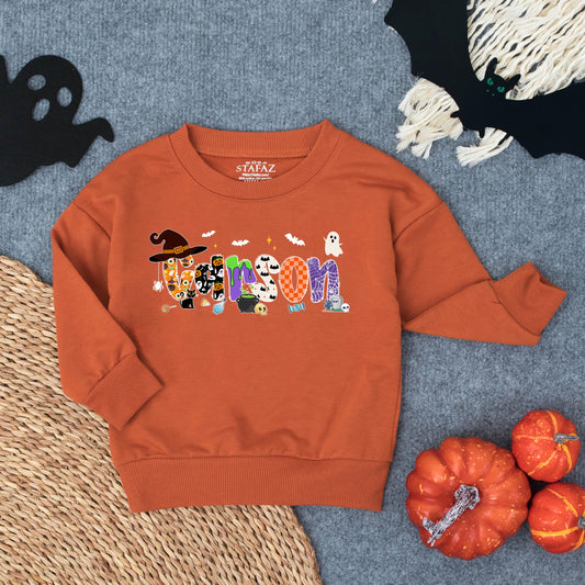 Custom Spooky Halloween Sweatshirt for Toddler Girls, Baby Boo Outfit with Bats, Ghosts & Candy, Trick or Treat Costume, Cute Spooky Sister Romper Option (138 chars)