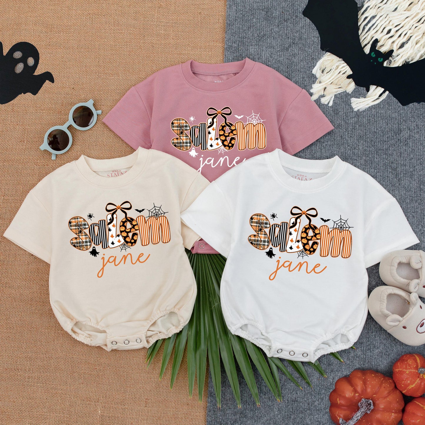 Personalized Spooktacular Halloween Baby Girl Bubble Romper with Custom Name Jane Patterned Letters Spiders Ghosts Bats Pumpkins