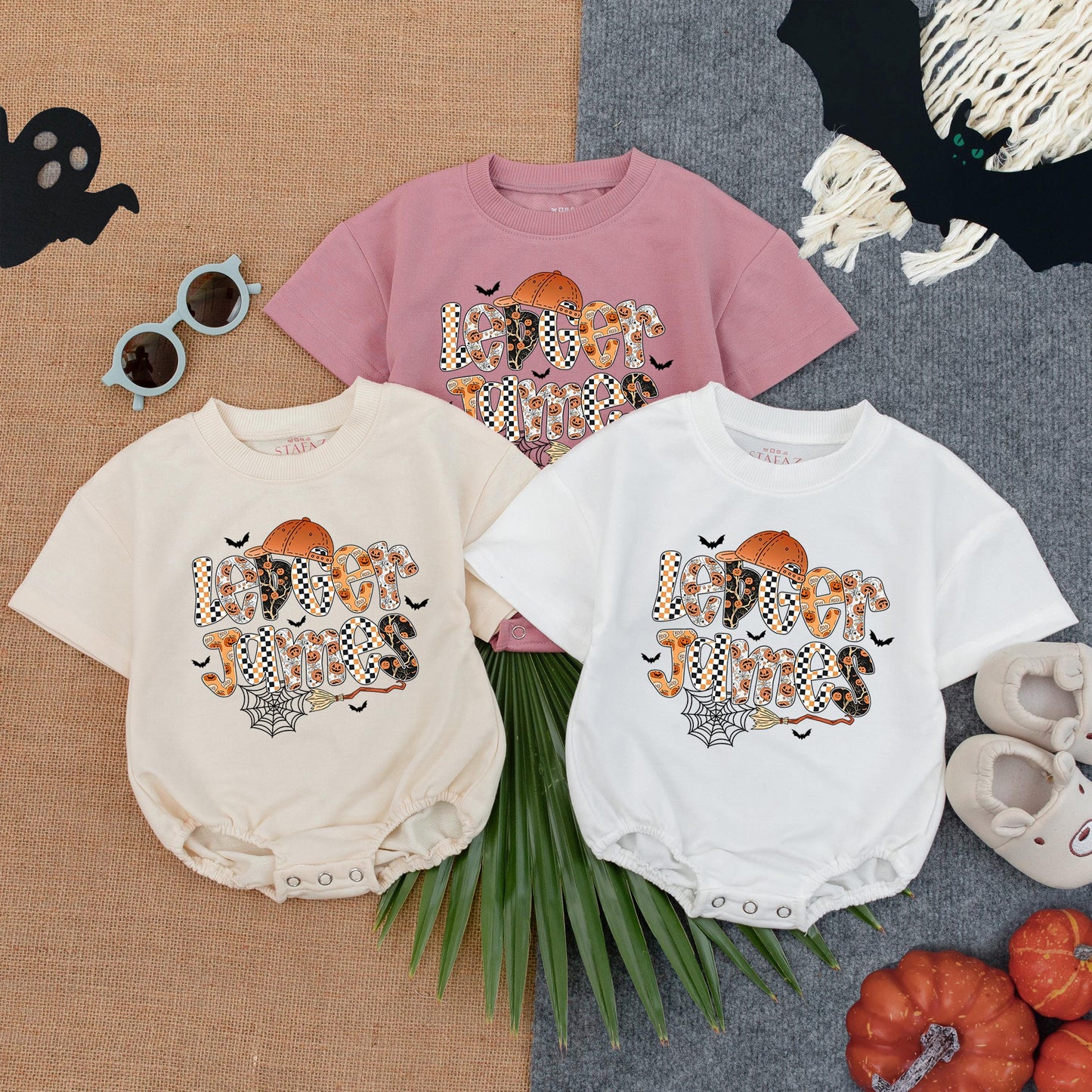 Personalized Halloween Boy Bubble Romper First Halloween Baby Custom Name Spooky Checkered Pumpkin Bat Spiderweb Outfit with Orange Cap Fun Festive Gift