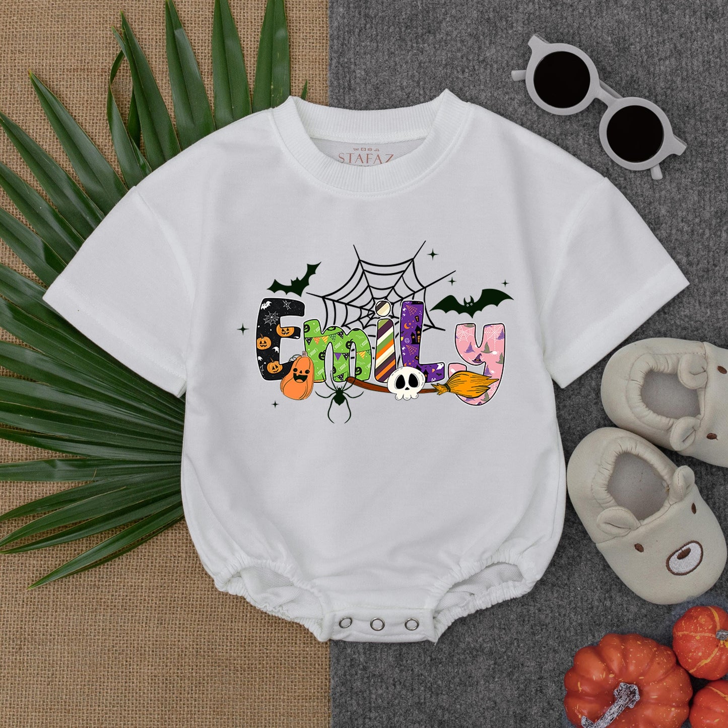 Custom EMILY Halloween Romper Short Sleeves Baby Bodysuit First Halloween Spooky Season Gift