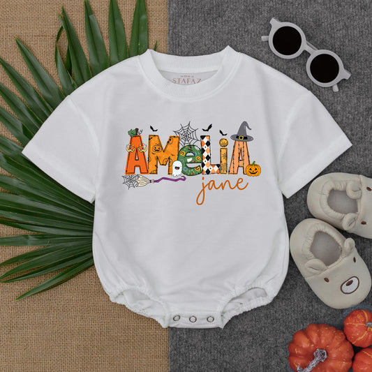 Personalized Amelia Jane Halloween Bubble Romper Baby Girl First Spooky Season Outfit Custom Name Pumpkin Ghost Bat Witch Hat Toddler