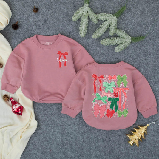 Personalized Christmas Bow Romper, Olivia's First Xmas Outfit, Festive Holiday Baby Girl Clothes, Playful Bows Bodysuit, Winter Gift, Baby Shower 138 chars